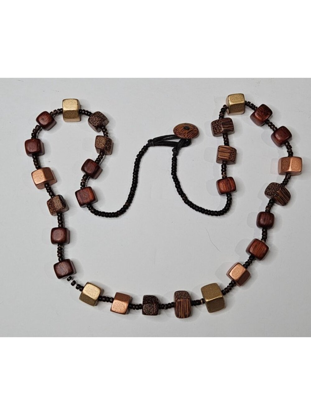 Chunky Wooden Cube Beaded Necklace Brown Red Gold Neutrals Button Clasp 40 inch